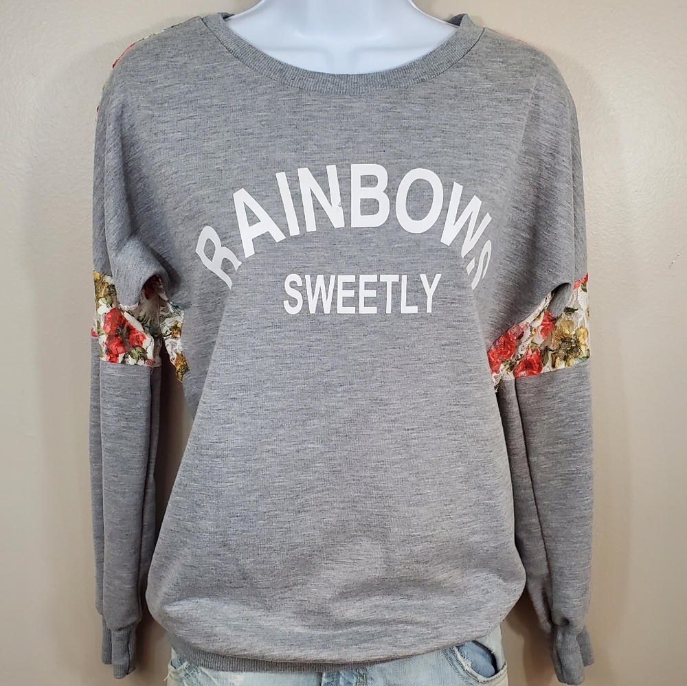 Rainbows Sweetly Lightweight Sweatshirt With Flower Lace on Back and Sle…